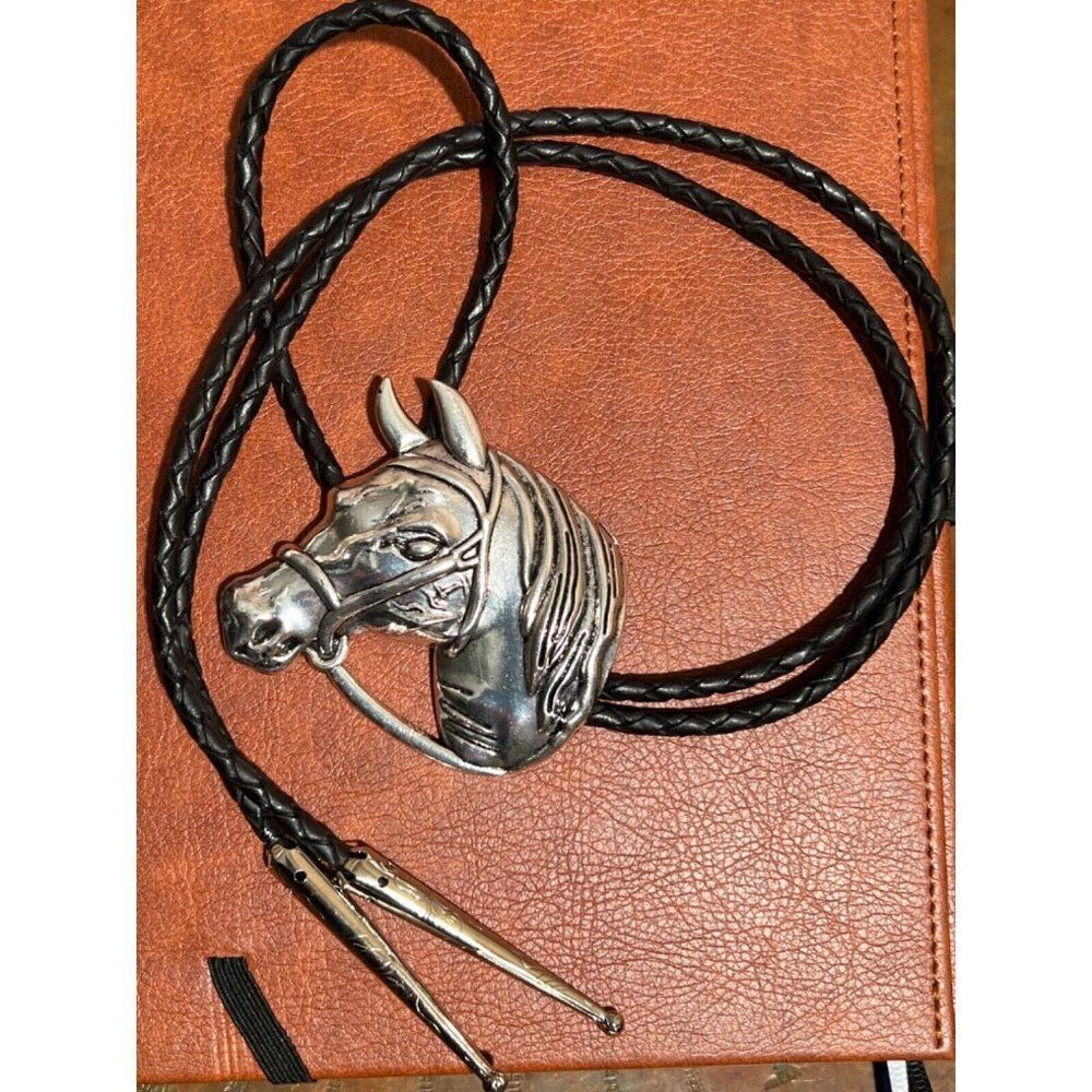 Western EQUESTRIAN FALL Horse Silver ROPE Necklace Bolo Lariat Tie Concho Men